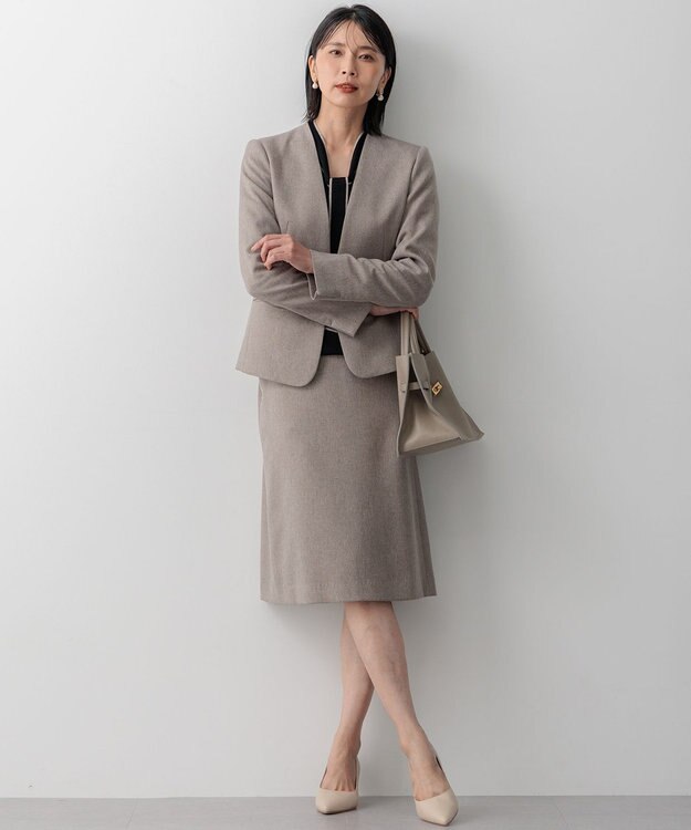 23区 S 【洗える】ウールライクカルゼ ノーカラージャケット ベージュ系