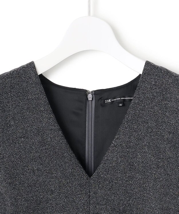 23区 S ラメミックスツイード Vネックワンピース チャコール系