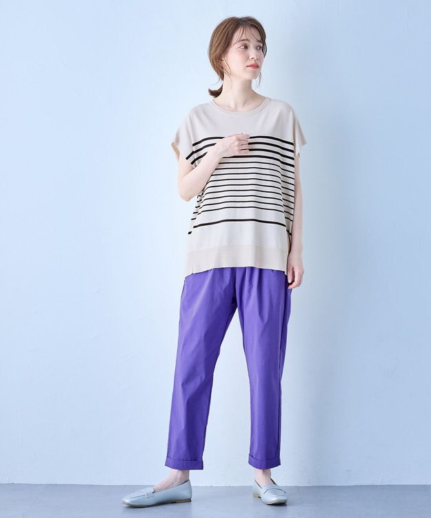 ANY 【洗濯機可/接触冷感/UVカット/アンチピリング】フレンチスリーブニットプルオーバー サンドベージュ×ブラック