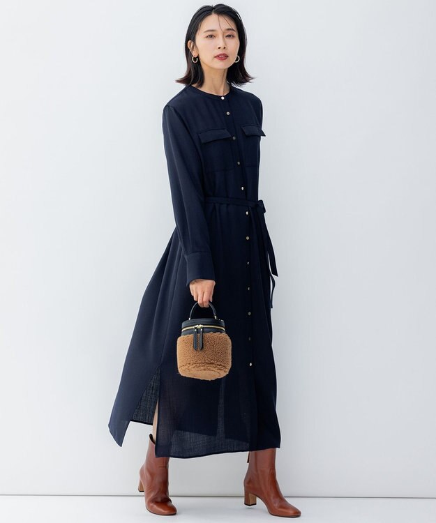 23区 ポリエステルウール シャツワンピース ネイビー系