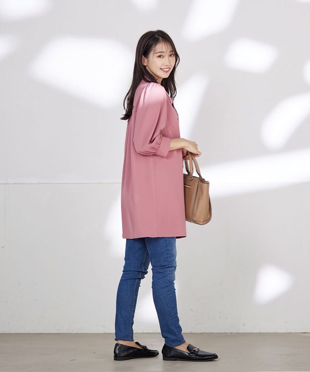 Tiaclasse L 【洗える】配色ボウタイパフ袖チュニックブラウス ピンク
