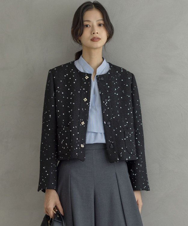 組曲 S フラワースパンコール ツイードジャケット ブラック系