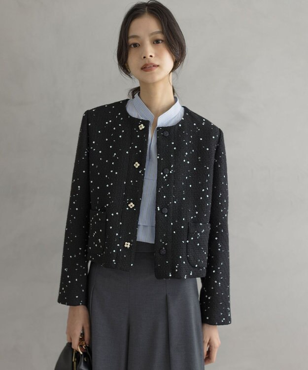 組曲 S フラワースパンコール ツイードジャケット ブラック系
