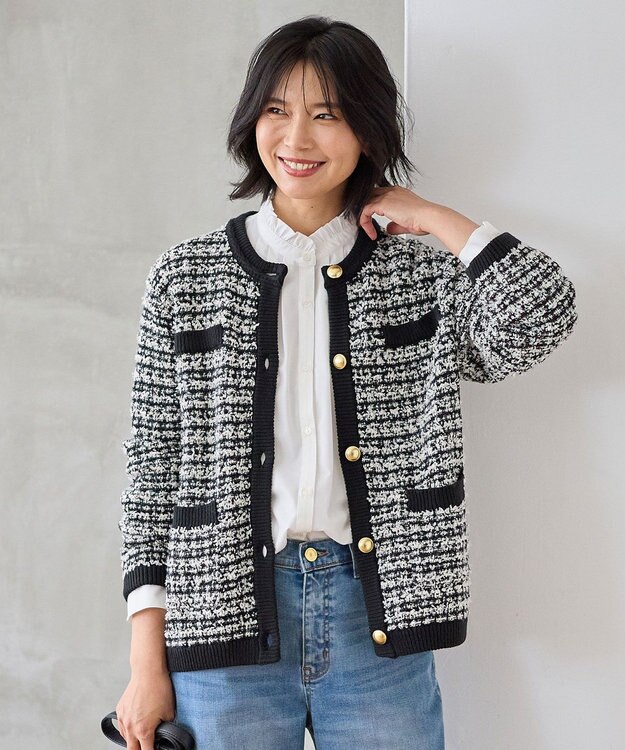 ANY L 【洗濯機可】ツイードニットジャケット ブラック×ホワイト