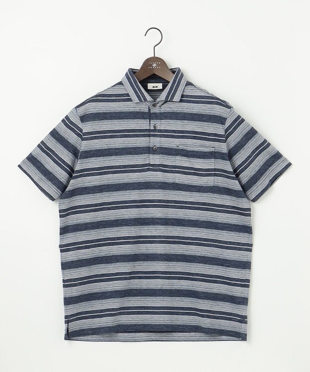JOSEPH ABBOUD 【キングサイズ・吸水速乾】リネンマルチボーダー ポロシャツ ネイビー系2