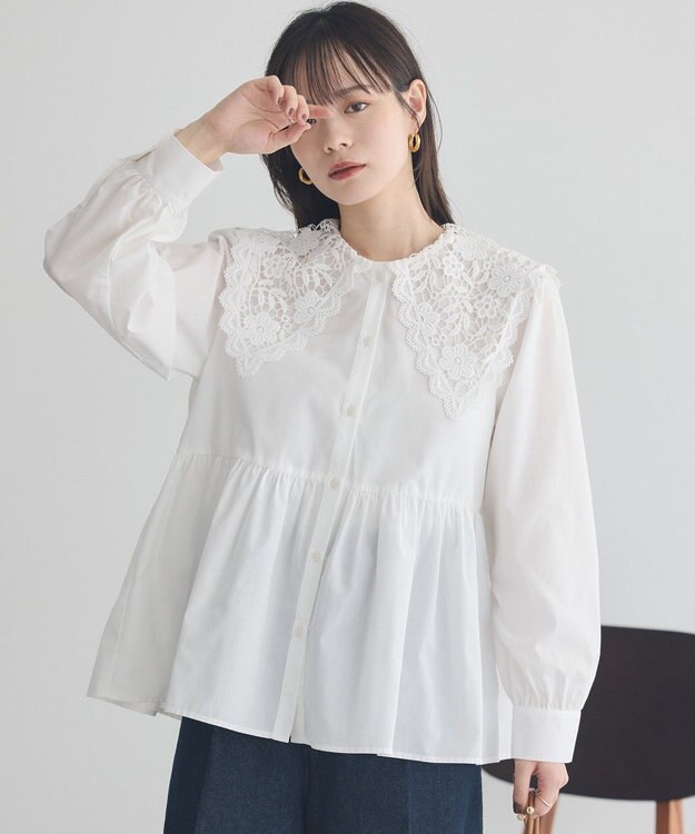earth music&ecology 【コットン混】レース襟フレアヘムブラウス Off White