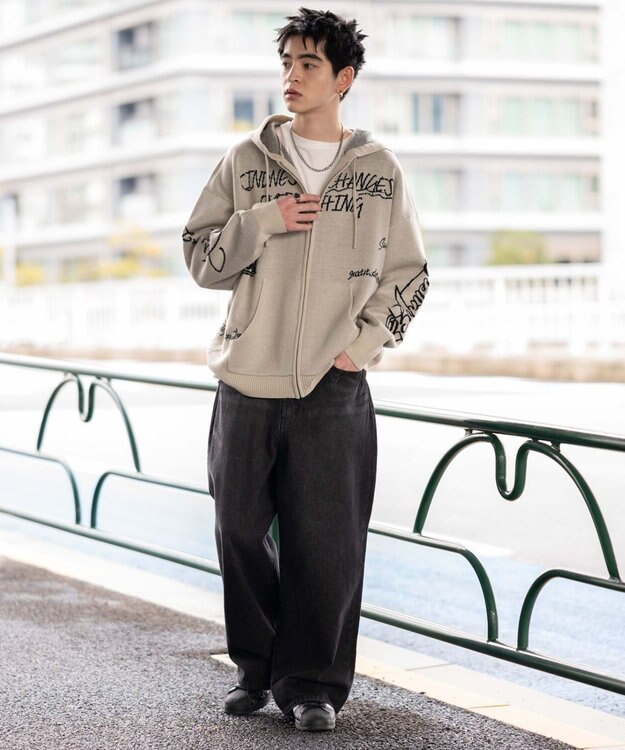 WEGO ジャガードグラフィックニットZIPパーカー ホワイト