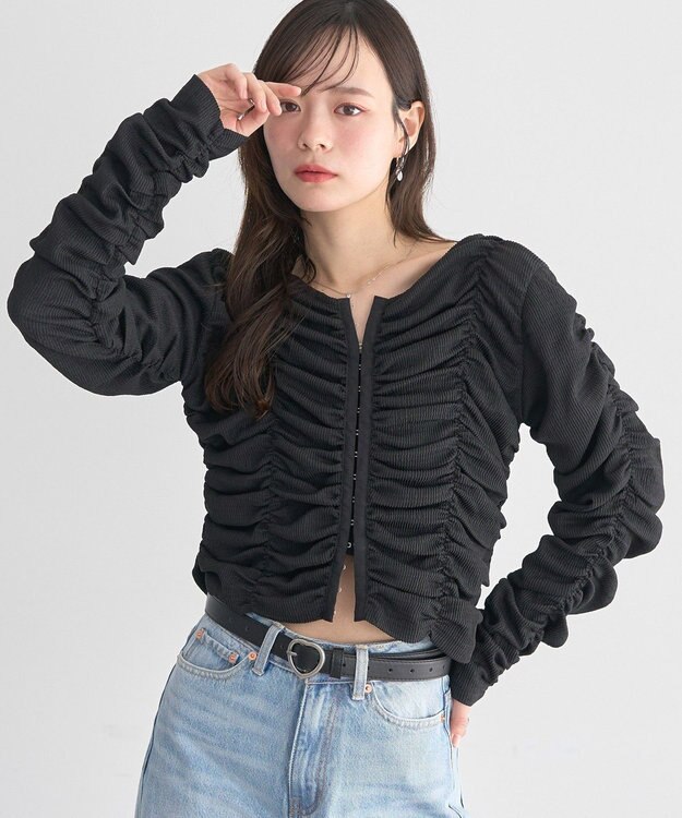 earth music&ecology フロントホックシャーリングトップス Black