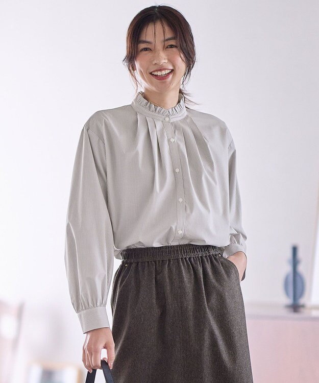 ANY スタンドネックブラウス グレーピンストライプ