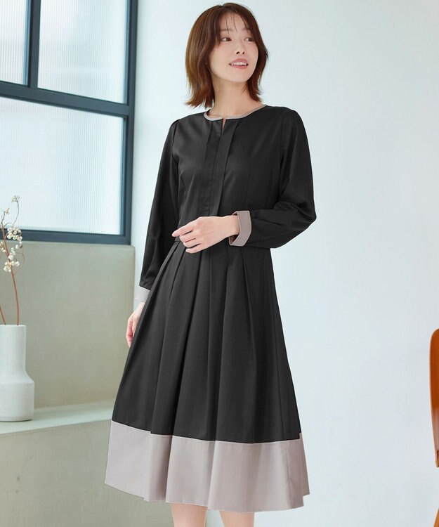 Tiaclasse L 【セレモニー・XSサイズ(5号)追加・新色追加・洗える】キーネックフレアワンピース ブラック×グレー