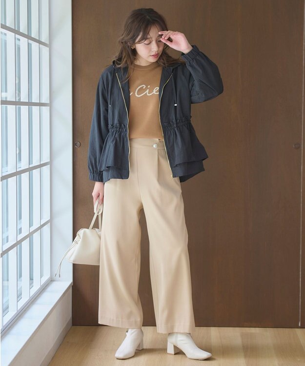 Feroux 【洗える】ウエストタックワイドパンツ ベージュ系