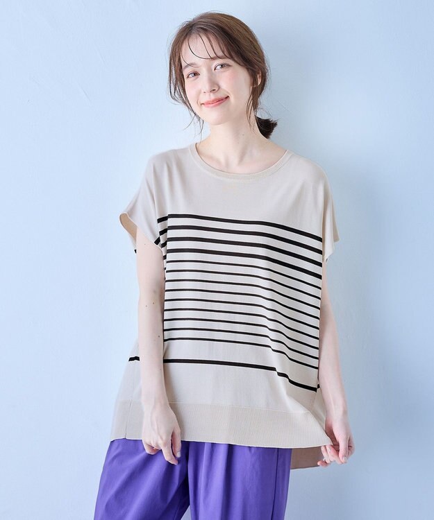 ANY 【洗濯機可/接触冷感/UVカット/アンチピリング】フレンチスリーブニットプルオーバー サンドベージュ×ブラック