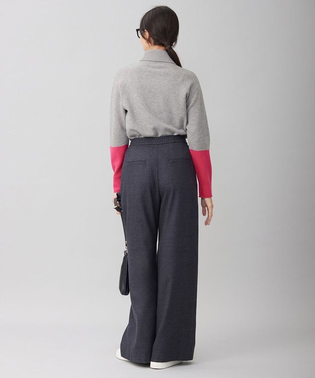 自由区 【洗える】セミウーステッドウールタートルネック ニット ライトグレー×ピンク