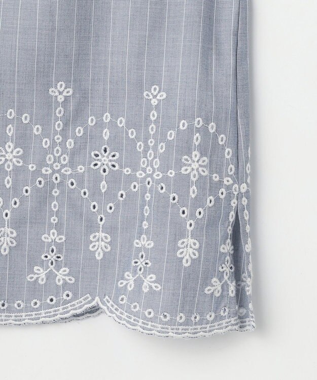 J.PRESS LADIES S ストライプ×エンブロイダリー クルーネック ブラウス ネイビー×ホワイト系