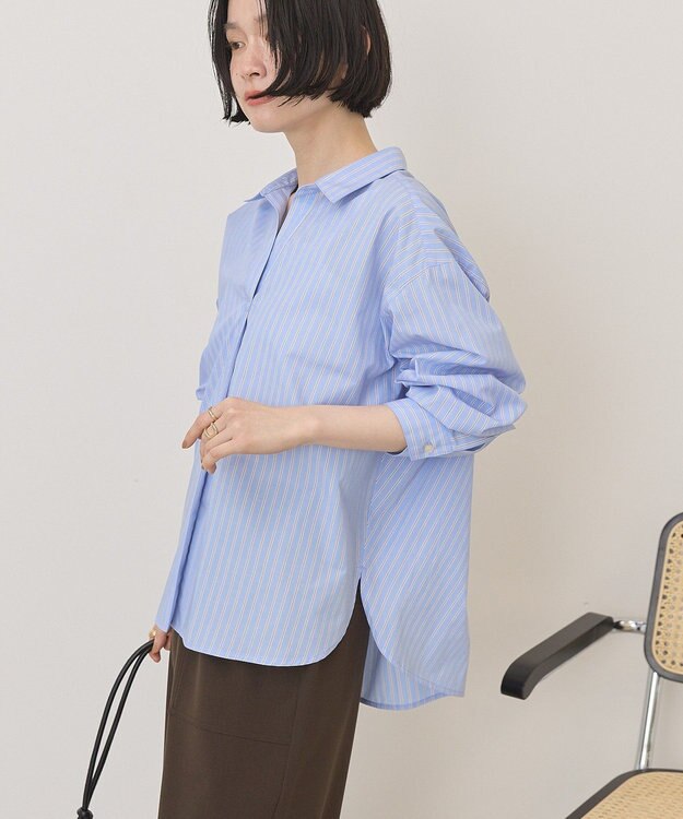 AMERICAN HOLIC 【イージーケア】バックギャザースキッパーシャツ Stripe Sax