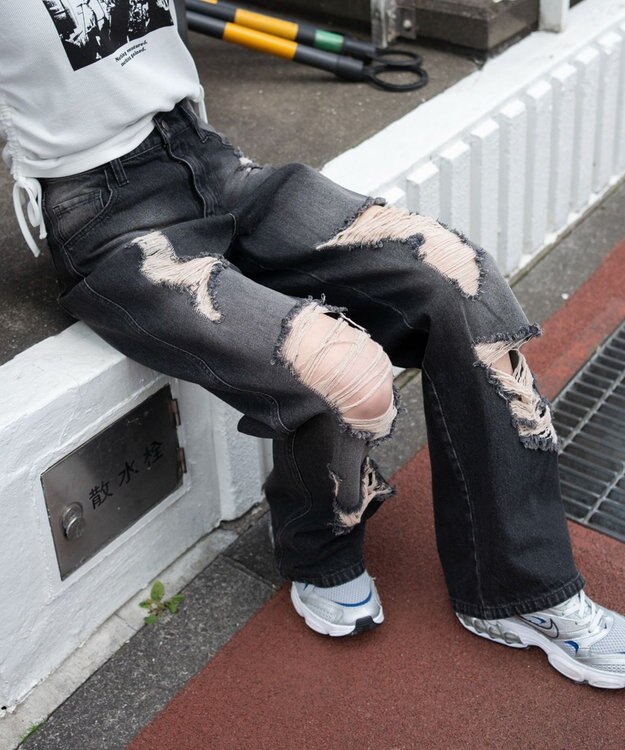 WEGO ダメージストレートデニムパンツ デニムブラックソノタ