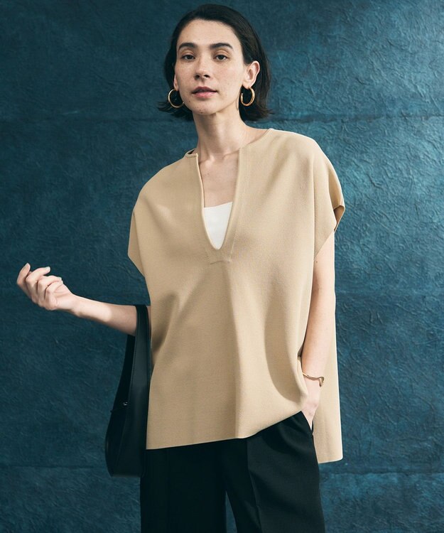 UNFILO L 【WEB限定カラー】スゴ機能美ニット キーネック ジレ [WEB限定]サンドベージュ