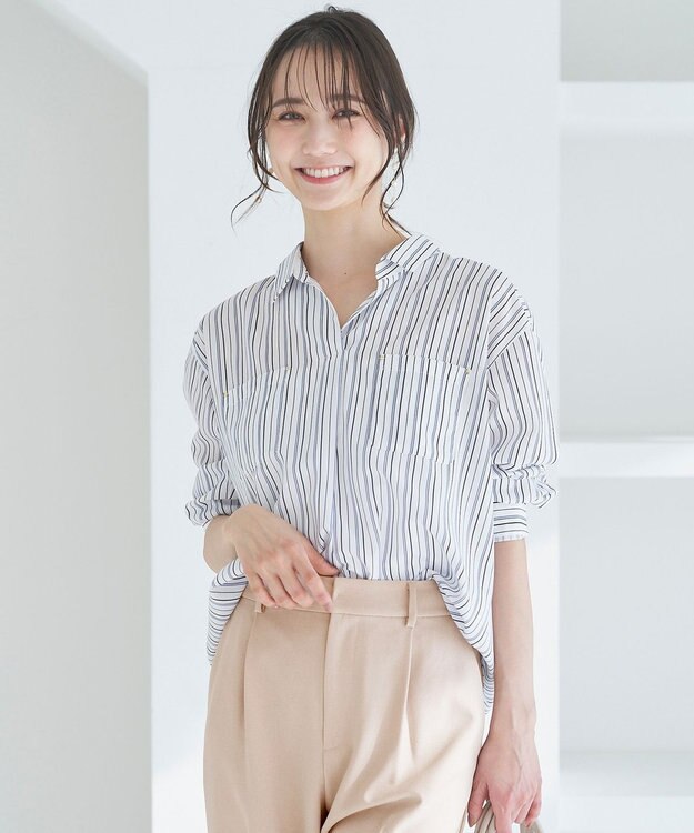 ANY SIS 【洗える】トロミシャツカラー ブラウス ネイビーストライプ