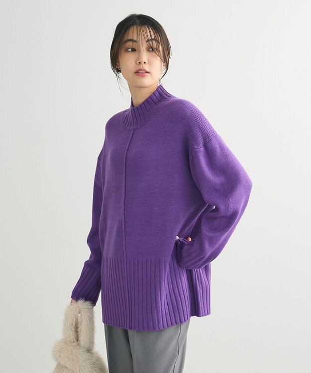 Green Parks 洗えるモックネックニットプルオーバー Purple