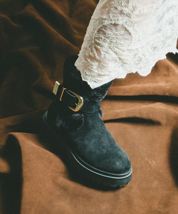 STEVE MADDEN LODGE ファースエードバックルショートブーツ ブラックスエード