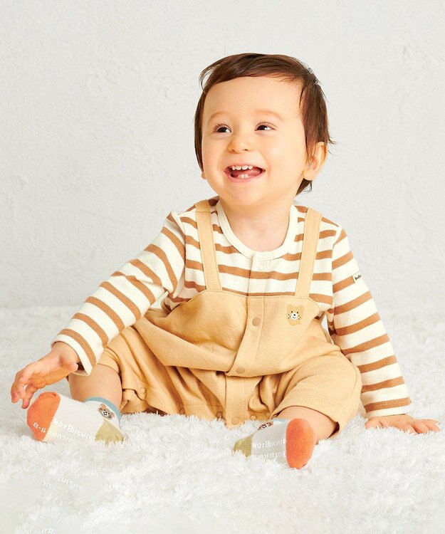 MIKI HOUSE HOT BISCUITS 【70-80cm】 ボーダー柄 重ね着風  カバーオール ベージュ