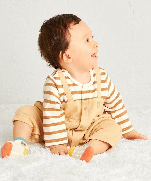 MIKI HOUSE HOT BISCUITS 【70-80cm】 ボーダー柄 重ね着風  カバーオール ベージュ