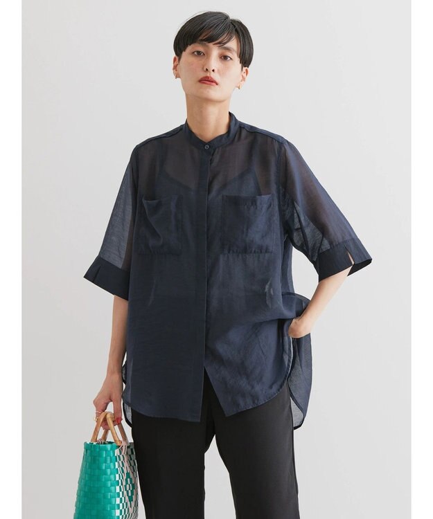 AMERICAN HOLIC シアーバックフレアＷポケットシャツチュニック Navy