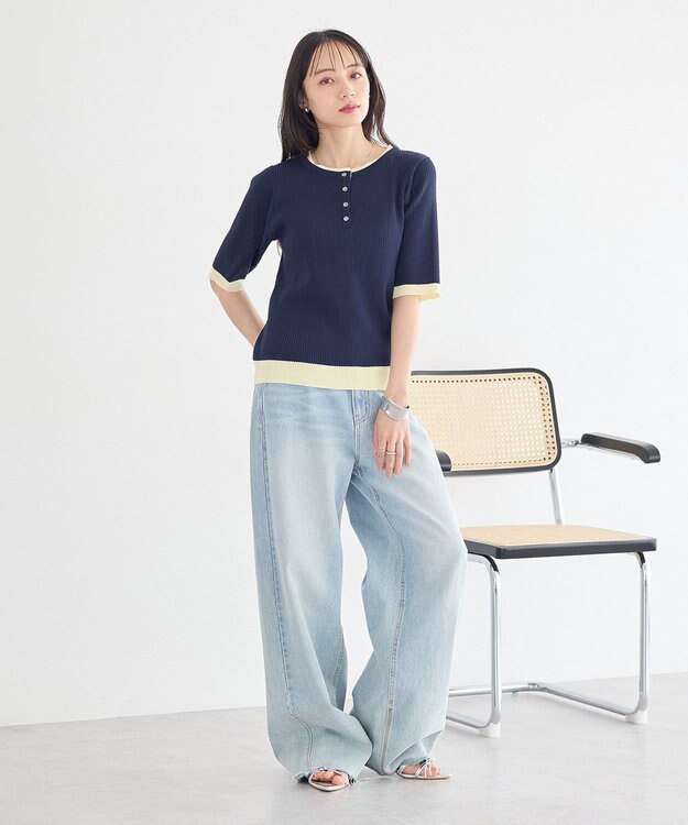 earth music&ecology ヘンリーネック半袖ニットプルオーバー Navy