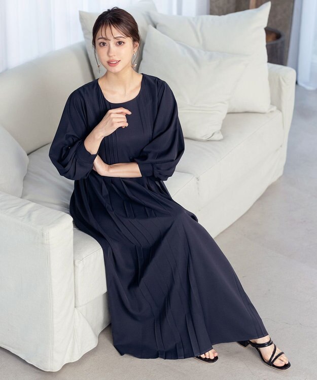 Tiaclasse L 【洗える】シンメトリープリーツワンピース ネイビー