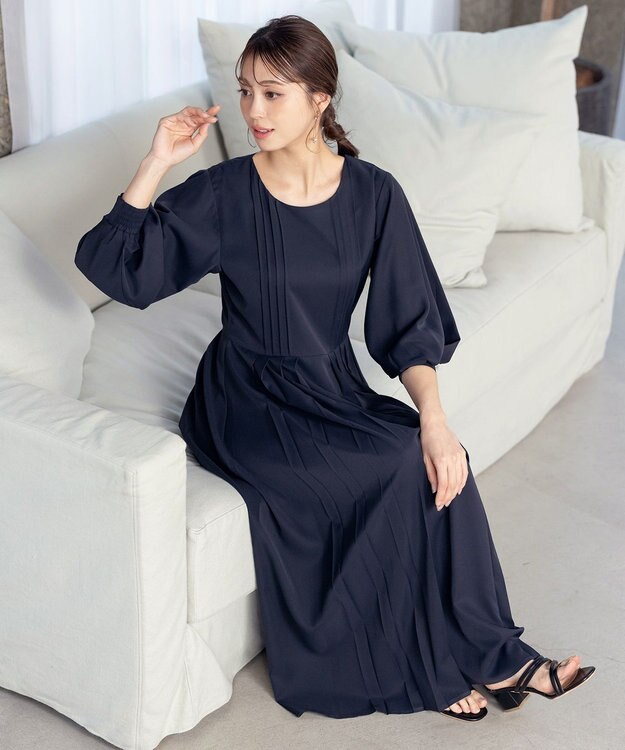 Tiaclasse L 【洗える】シンメトリープリーツワンピース ネイビー