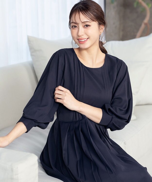 Tiaclasse L 【洗える】シンメトリープリーツワンピース ネイビー