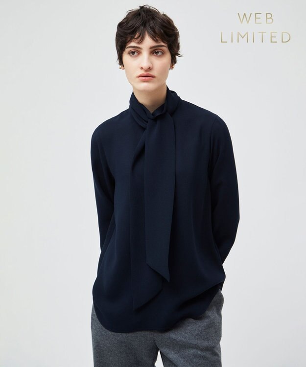 BEIGE， 【WEB限定・洗える】STOW / ボウタイブラウス Navy