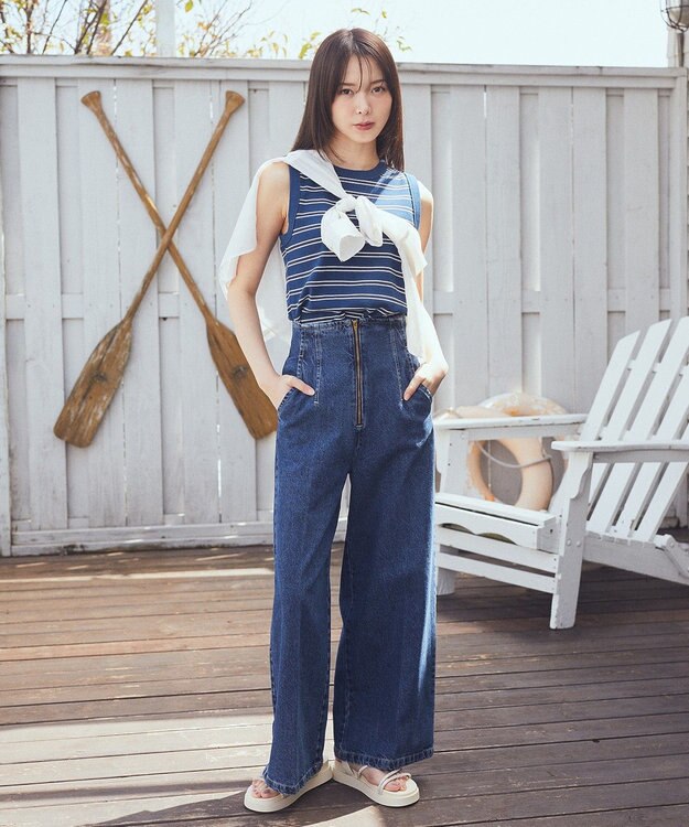 earth music&ecology リブタンクトップ Border Blue