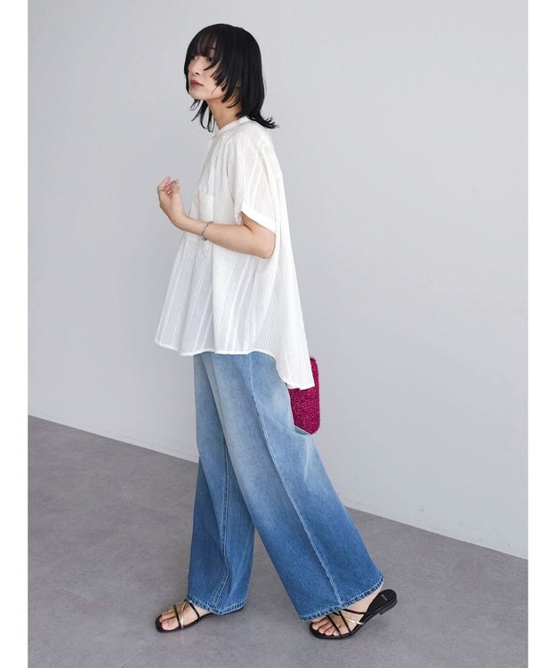 Green Parks インド綿  バンドカラーデザイン５分袖シャツ Off White