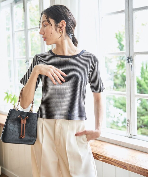 WEGO 【洗える/SML】コンパクトリブT ブラックボーダー