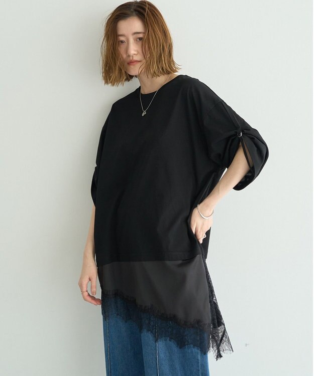 YECCA VECCA ドロストスリーブヘムレースTee Black