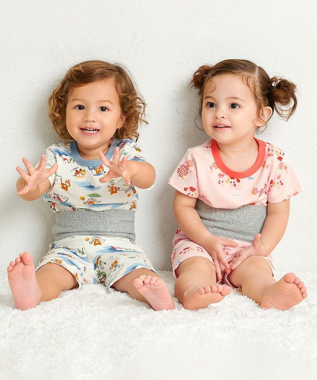 MIKI HOUSE HOT BISCUITS 【80-120cm】 リゾートビーンズ 腹巻き付き タック天竺素材 半袖パジャマ マルチカラー