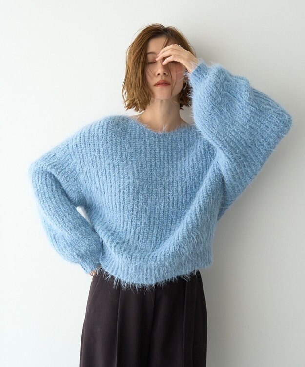 YECCA VECCA ラメシャギーボートネックニット Blue
