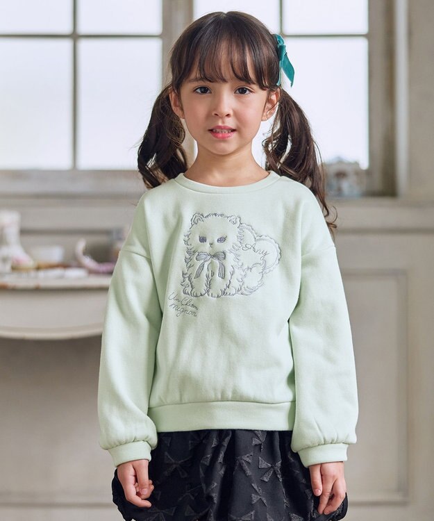 ANY KIDS アニマル刺繍 裏シャギー トレーナー ミント×ネコ