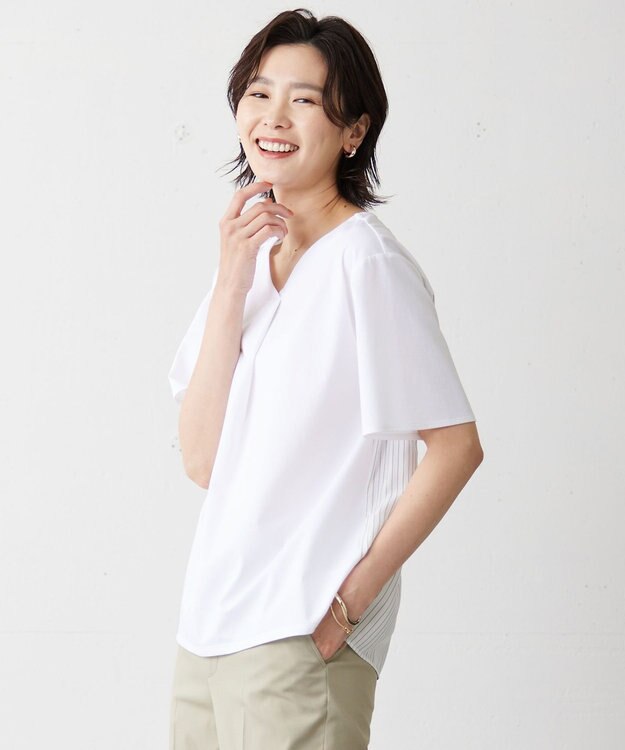 J.PRESS LADIES L 【WEB限定カラーあり・吸水速乾・イージーケア】ブロッキングジャージー カットソー ホワイト系