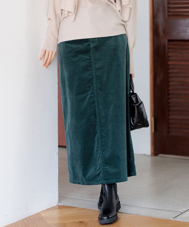 23区 【洗える】23区DENIM ベルベットストレッチ Aライン スカート [WEB限定]ダークグリーン系