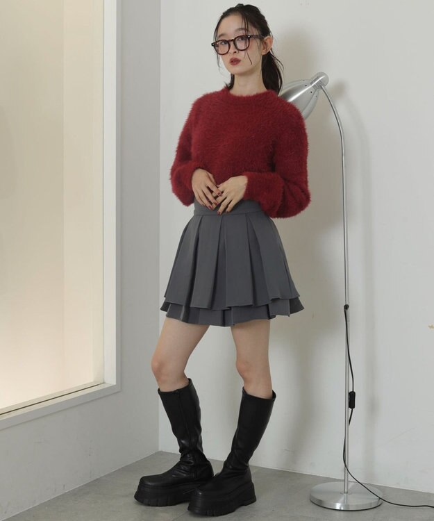 WEGO ハイウエスト2段プリーツスカパン グレー