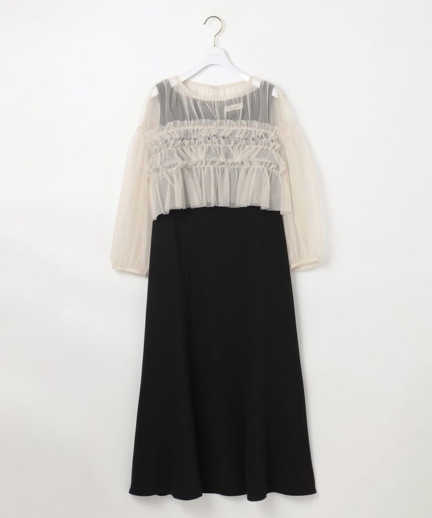ANY SIS 【Lily Calin】チュールフリルトップス×ドレスセット ブラック×アイボリー