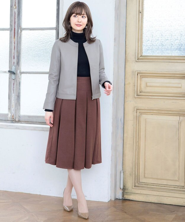 Tiaclasse 大人上品なウール調タックフレアスカート ピンクモカ