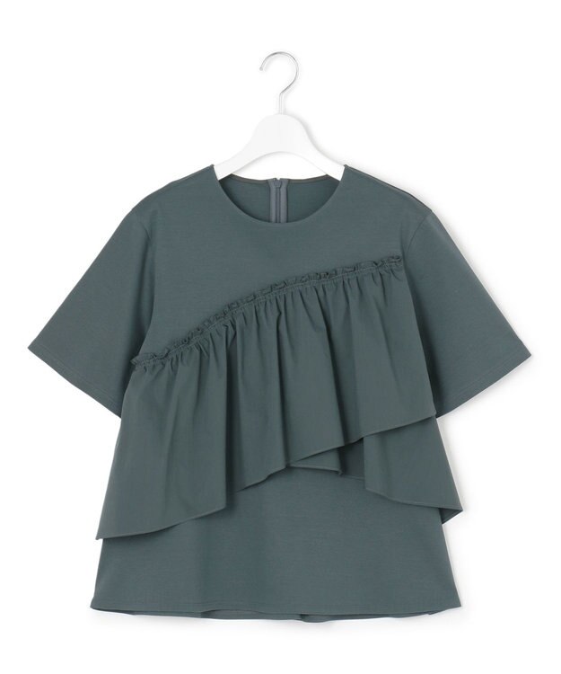 23区 【汗じみ防止/洗える】ランダムフリルジャージー ドッキング カットソー ダークグリーン系