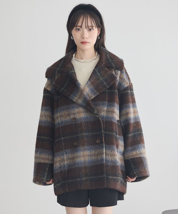 earth music&ecology チェックシャギーコート Check Brown