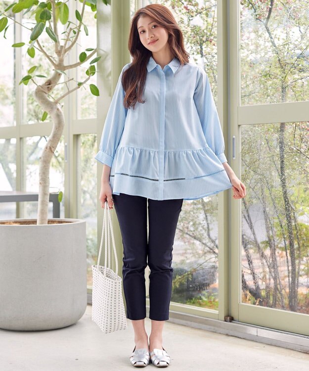 Tiaclasse はしごレースストライプシャツチュニック サックスストライプ