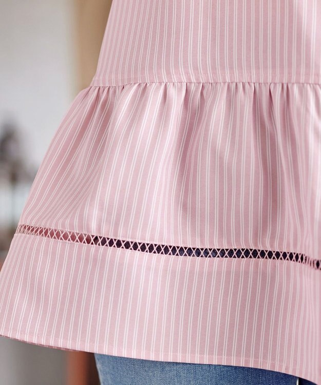 Tiaclasse はしごレースストライプシャツチュニック ピンクストライプ