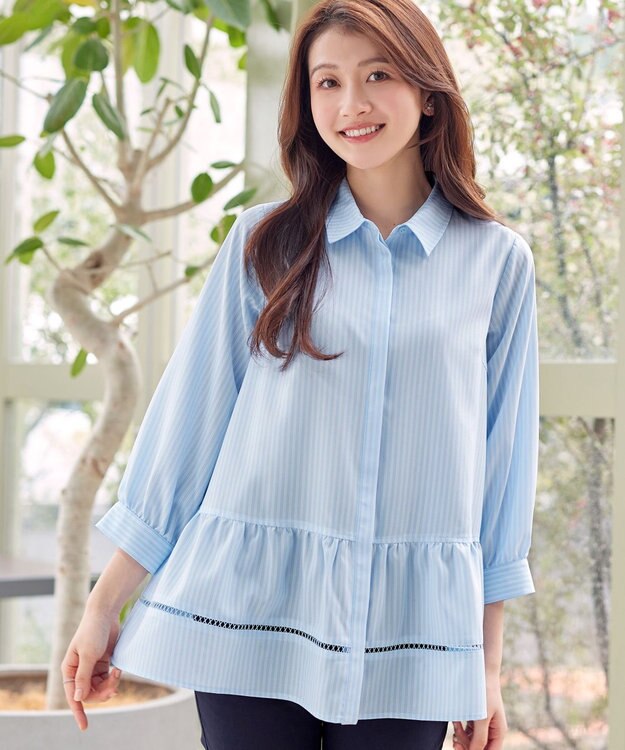 Tiaclasse はしごレースストライプシャツチュニック サックスストライプ