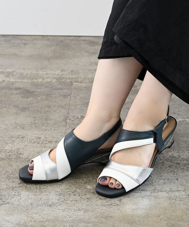 Pointer 日本製 本革ウエッジヒールサンダル ネイビー
